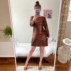 OLEG CASSINI COPPER SHIMMER DRESS SEQUIN LONG BELL SLEEVES OPEN FIT METALLIC